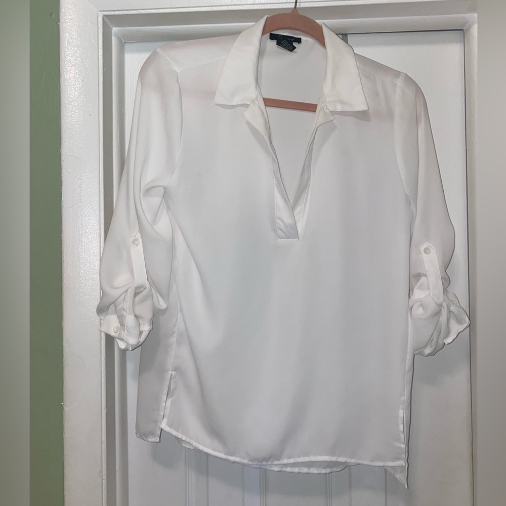 White Collared Tunic, Pullover Blouse With Roll Tab Sleeves, Size S